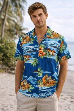 Two Paddles Hawaiian Aloha Shirt Sz M Blue Tropical Surf Beach Island Resort